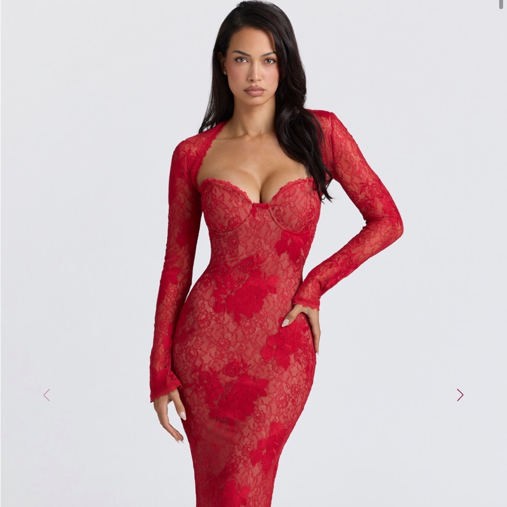 House of CB Red Strapless Lace Long-Sleeve Bodycon Dress